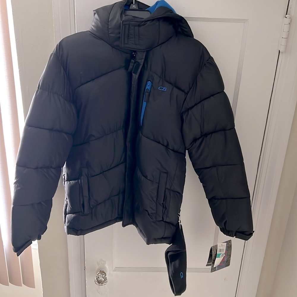 Kids CB Sports coat, size Large, black with light blue hood
